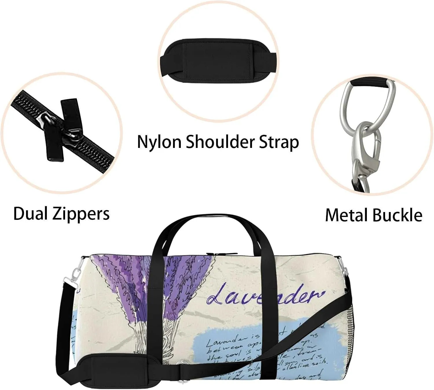 Sports Gym Bag for Women and Men Waterproof Illustration Lavender Duffel Bag Lightweight Carryon Traveling Boarding Gripsack