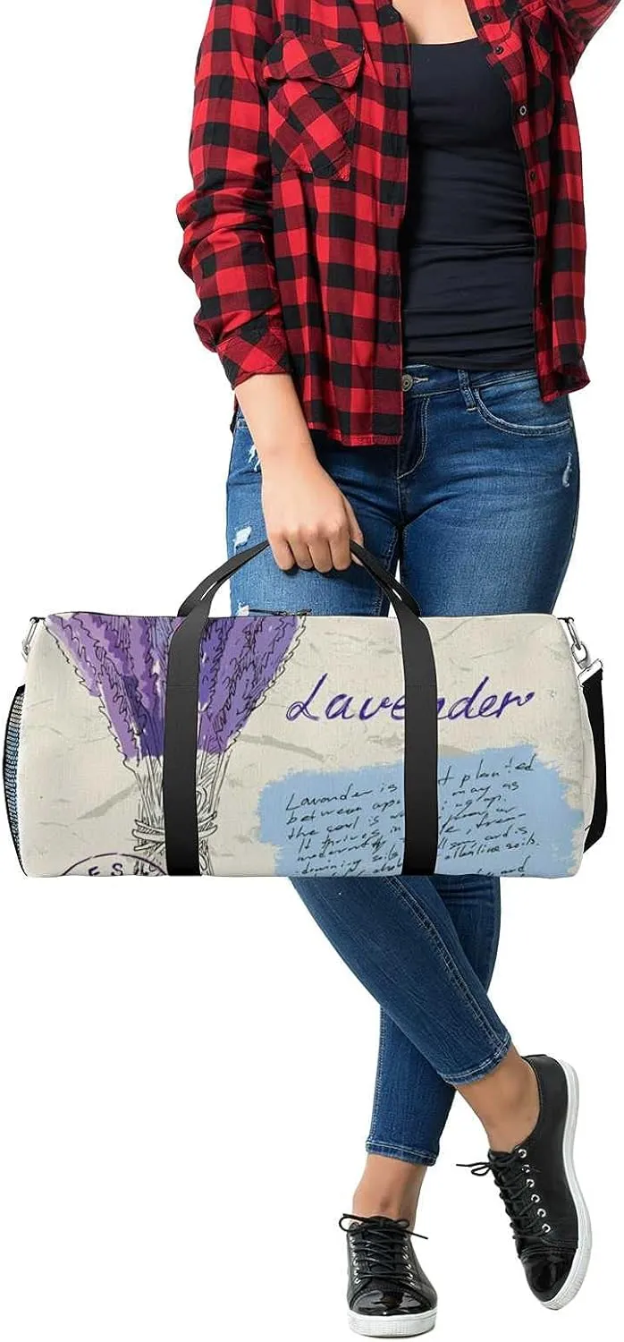 Sports Gym Bag for Women and Men Waterproof Illustration Lavender Duffel Bag Lightweight Carryon Traveling Boarding Gripsack
