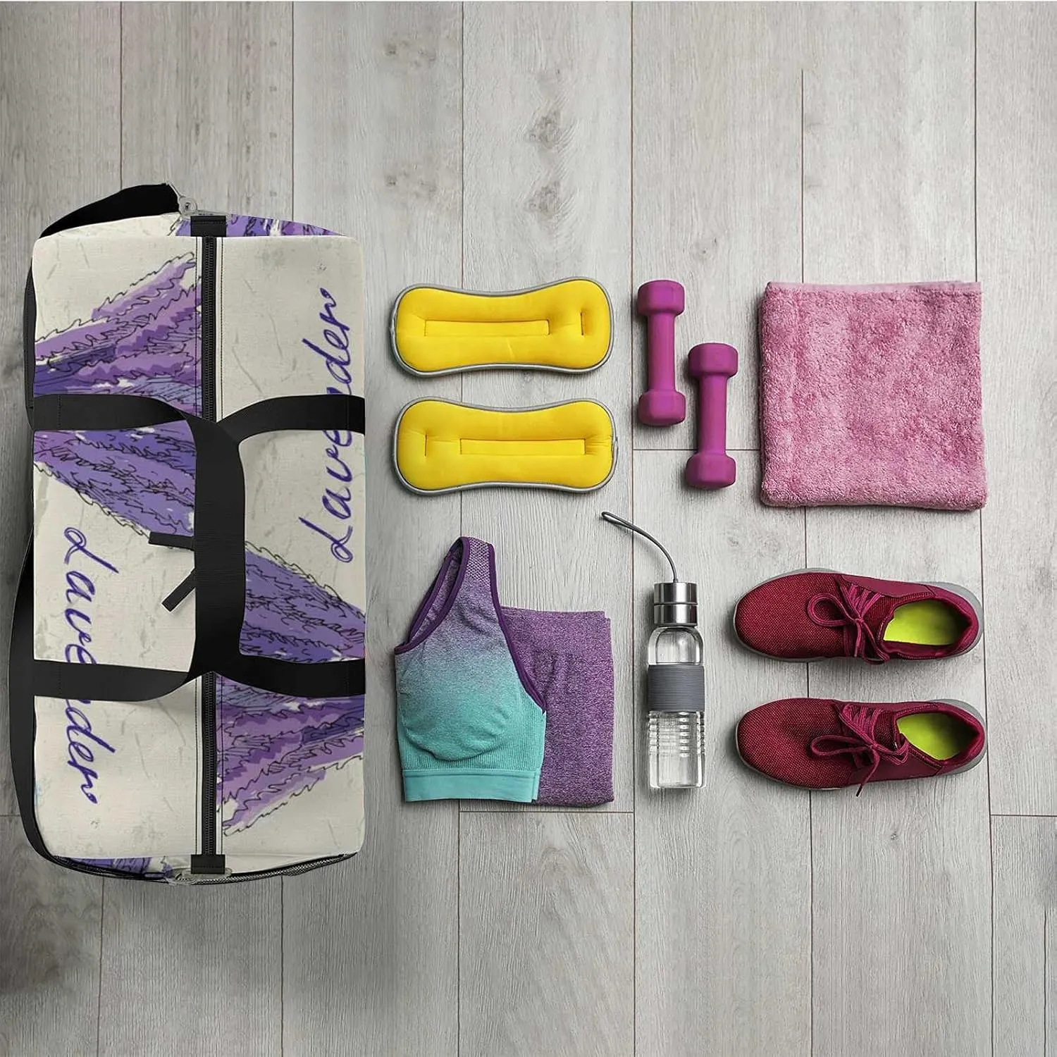 Sports Gym Bag for Women and Men Waterproof Illustration Lavender Duffel Bag Lightweight Carryon Traveling Boarding Gripsack