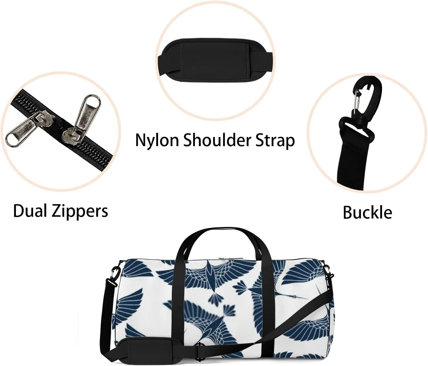 Sports Gym Bag for Women and Men Waterproof Japanese Cranes Pattern Blue Duffel Bag Lightweight Carryon Traveling Boarding Gripsack