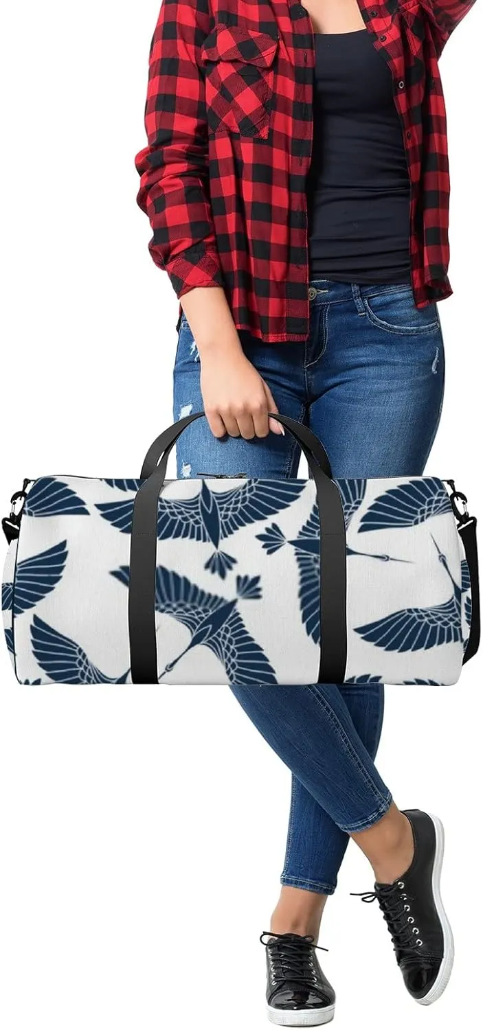 Sports Gym Bag for Women and Men Waterproof Japanese Cranes Pattern Blue Duffel Bag Lightweight Carryon Traveling Boarding Gripsack