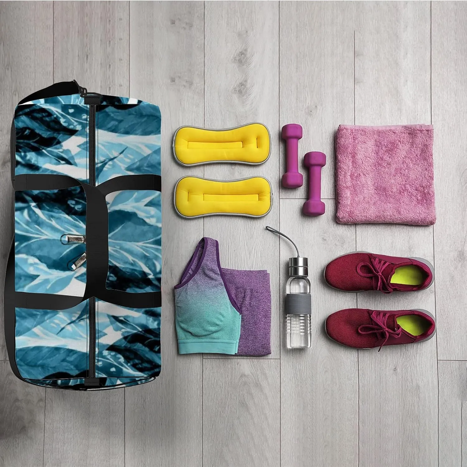 Sports Gym Bag for Women and Men Waterproof Leaves Pattern Jungle Forest Blue Duffel Bag Lightweight Carryon Traveling Boarding Gripsack