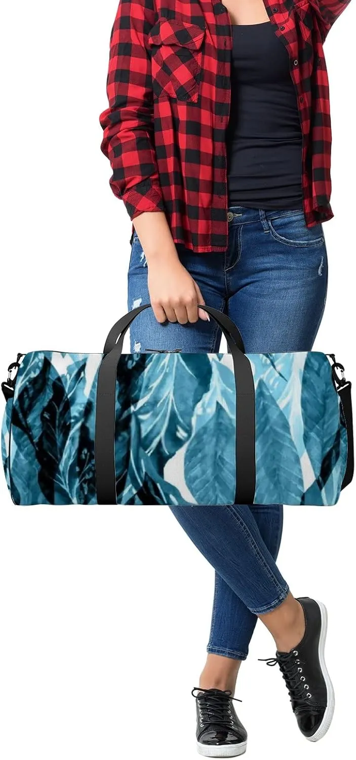 Sports Gym Bag for Women and Men Waterproof Leaves Pattern Jungle Forest Blue Duffel Bag Lightweight Carryon Traveling Boarding Gripsack
