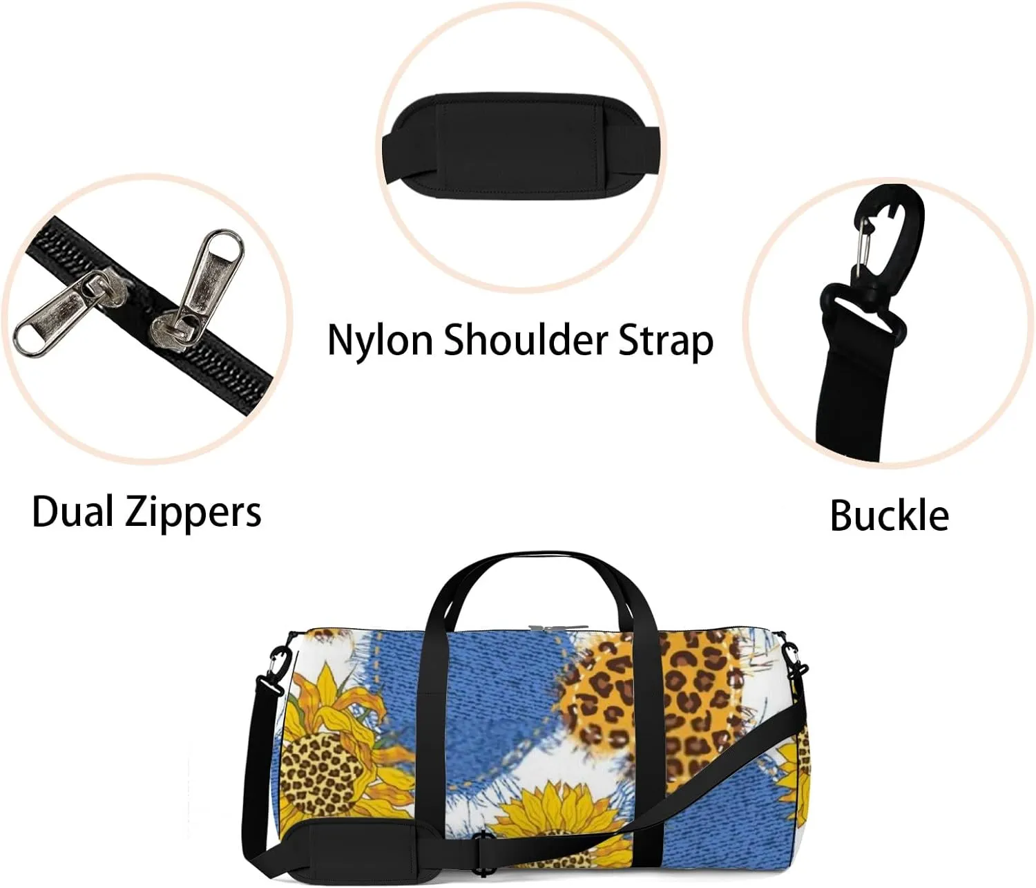 Sports Gym Bag for Women and Men Waterproof Leopard Sunflowers White Duffel Bag Lightweight Carryon Traveling Boarding Gripsack