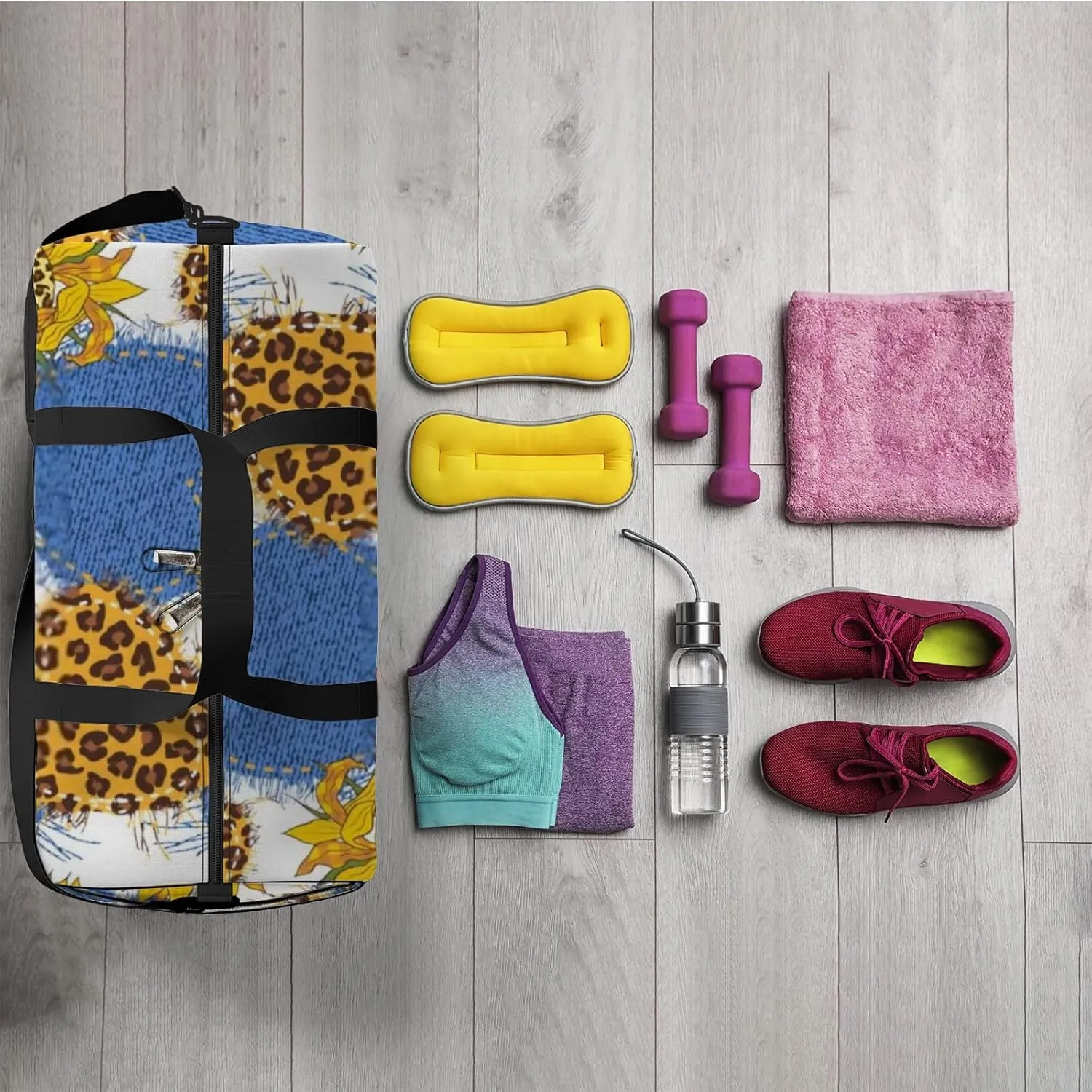 Sports Gym Bag for Women and Men Waterproof Leopard Sunflowers White Duffel Bag Lightweight Carryon Traveling Boarding Gripsack