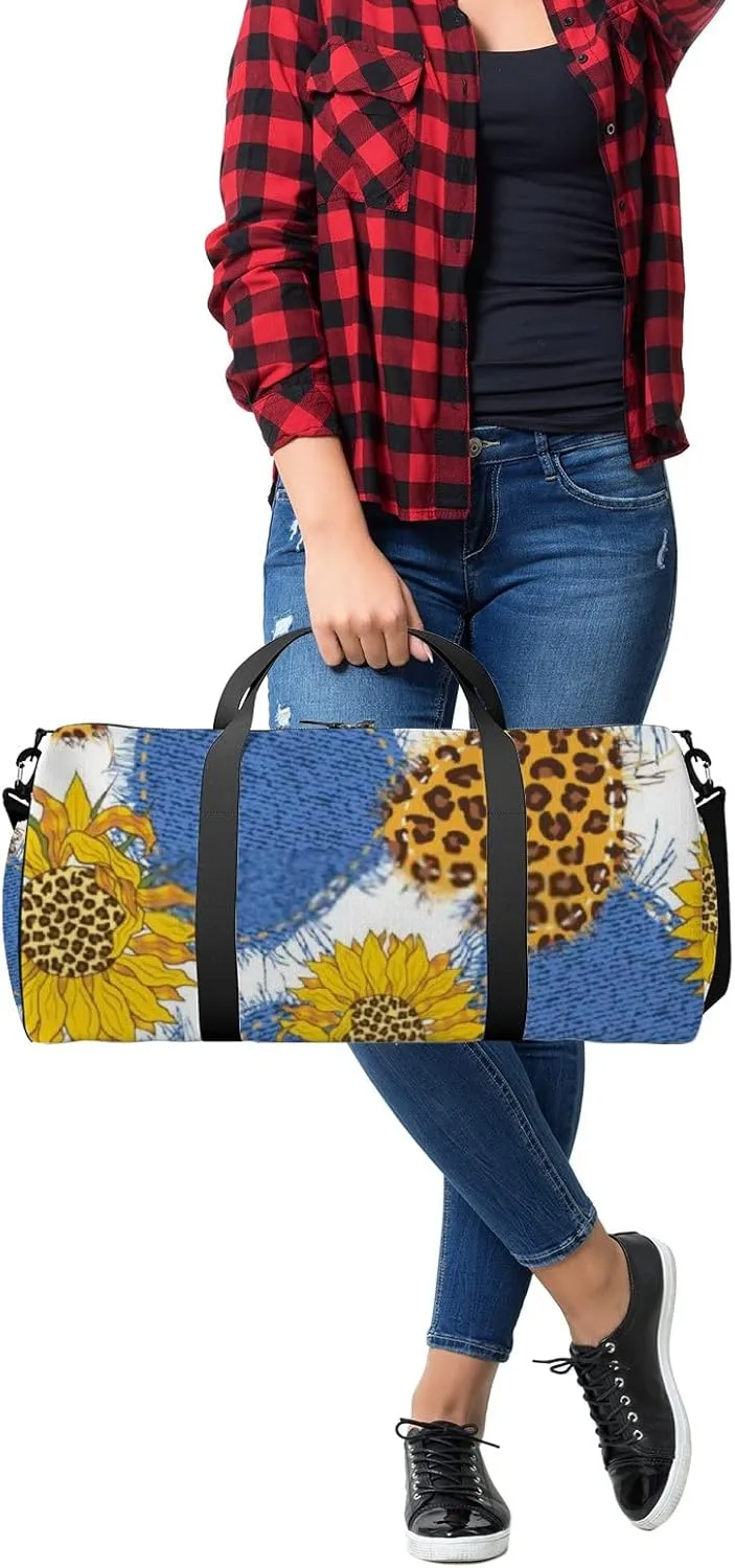 Sports Gym Bag for Women and Men Waterproof Leopard Sunflowers White Duffel Bag Lightweight Carryon Traveling Boarding Gripsack