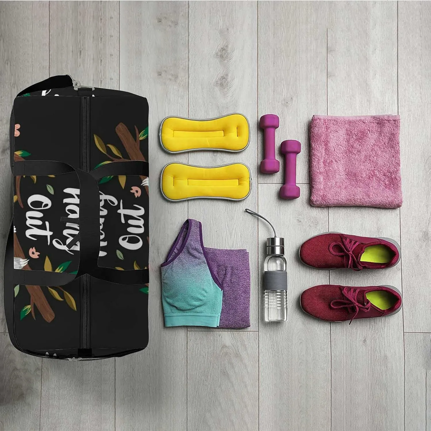 Sports Gym Bag for Women and Men Waterproof Lets Hang Out Cute Baby Sloth Duffel Bag Lightweight Carryon Traveling Boarding Gripsack