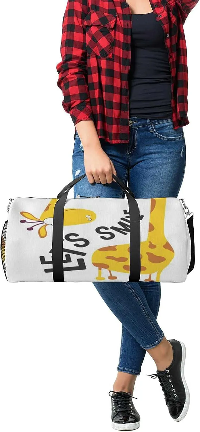 Sports Gym Bag for Women and Men Waterproof Lets Smile Positive Phrase Duffel Bag Lightweight Carryon Traveling Boarding Gripsack