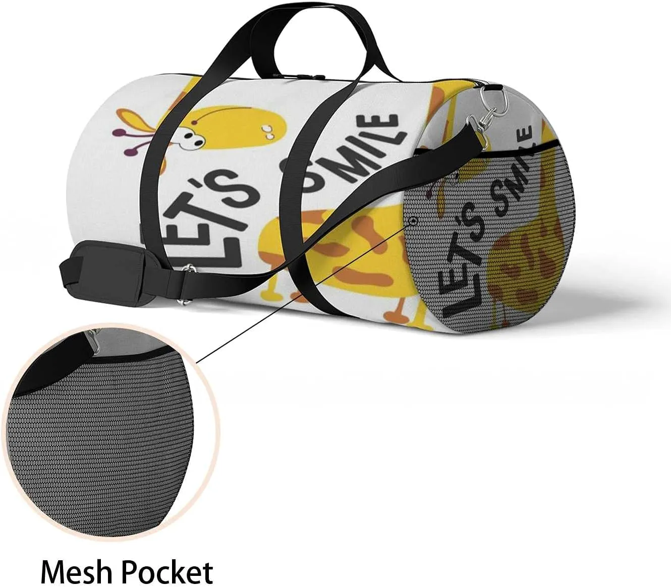 Sports Gym Bag for Women and Men Waterproof Lets Smile Positive Phrase Duffel Bag Lightweight Carryon Traveling Boarding Gripsack