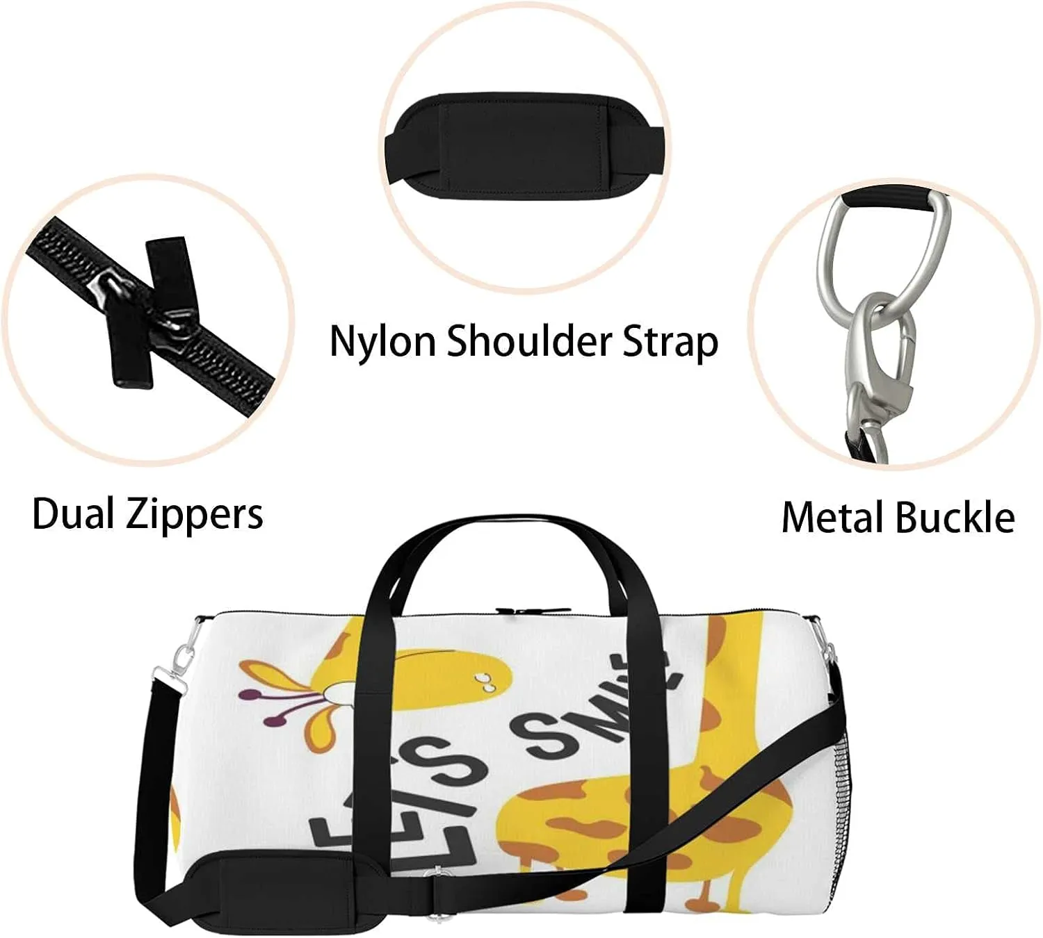 Sports Gym Bag for Women and Men Waterproof Lets Smile Positive Phrase Duffel Bag Lightweight Carryon Traveling Boarding Gripsack