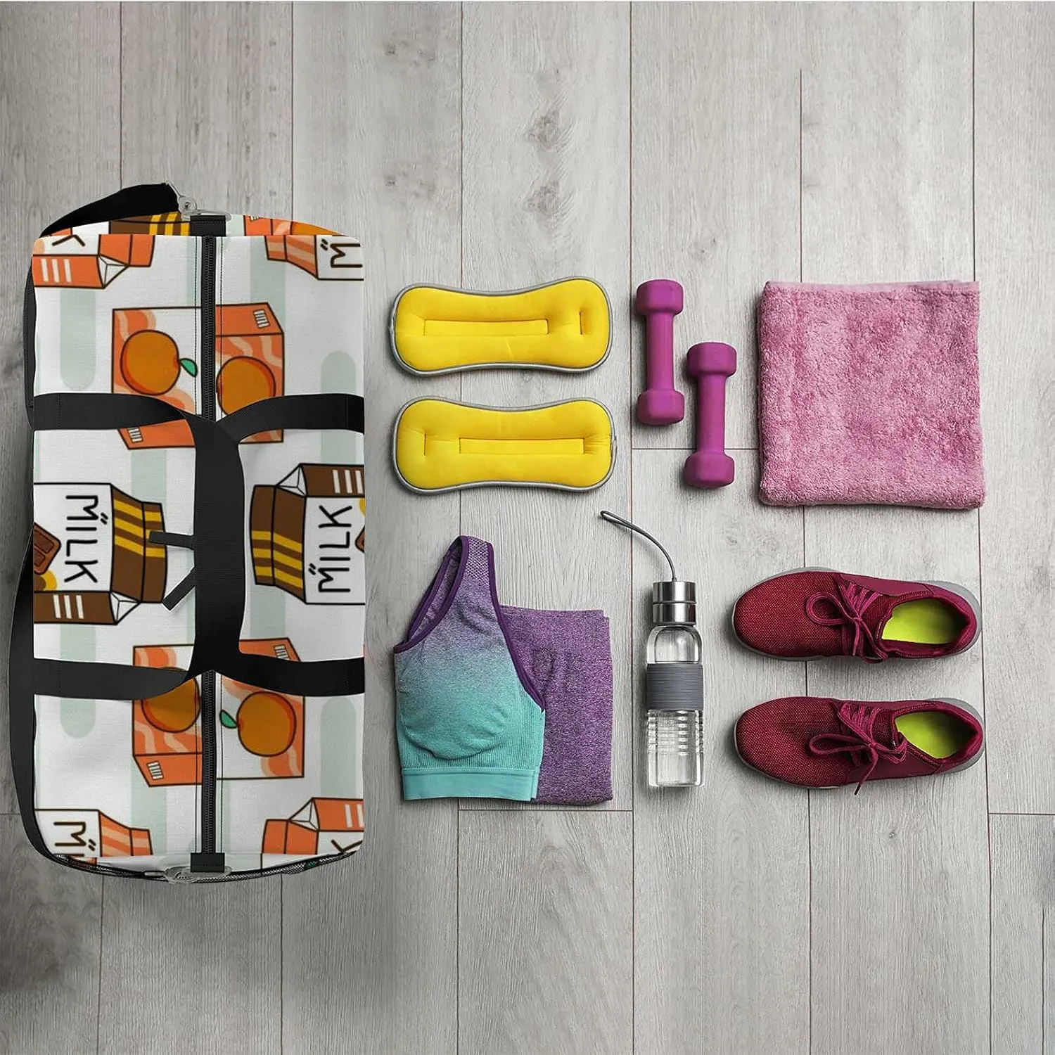 Sports Gym Bag for Women and Men Waterproof Milk Carton Pattern Three Flavors Duffel Bag Lightweight Carryon Traveling Boarding Gripsack