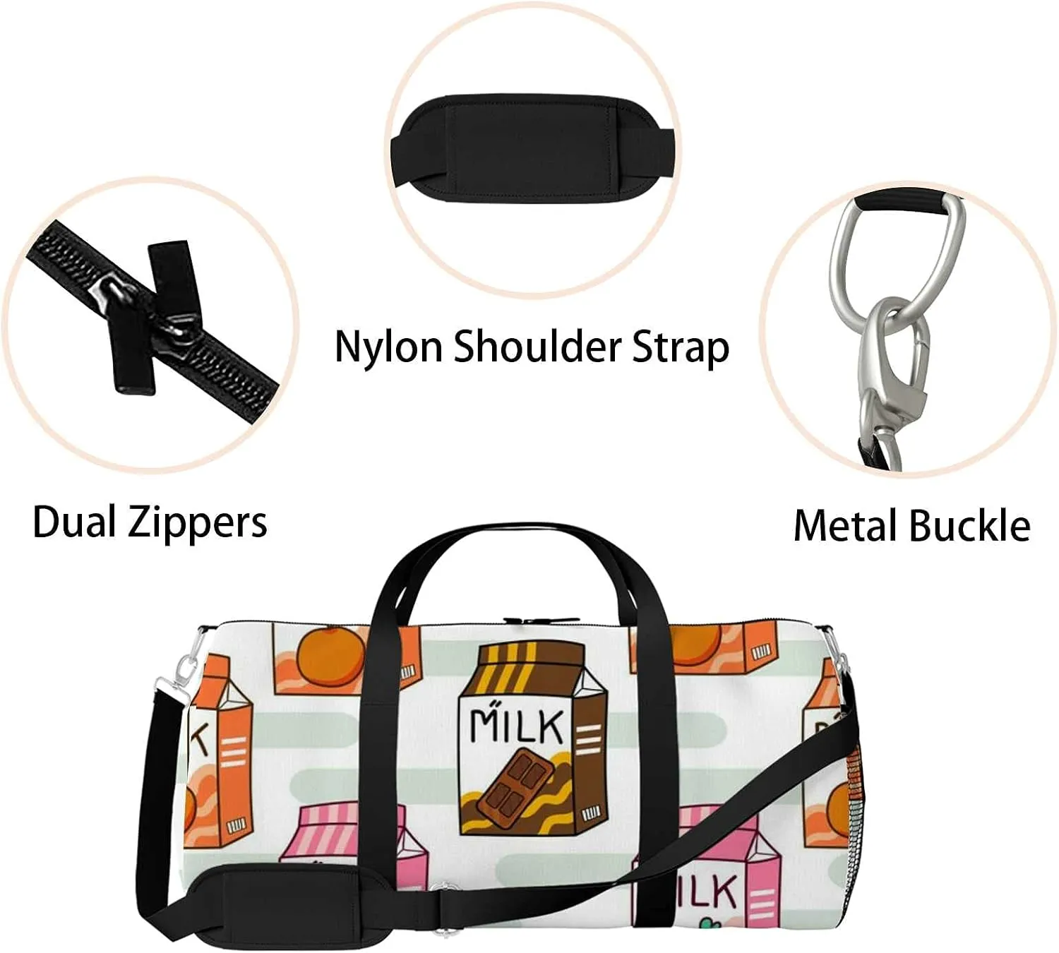 Sports Gym Bag for Women and Men Waterproof Milk Carton Pattern Three Flavors Duffel Bag Lightweight Carryon Traveling Boarding Gripsack