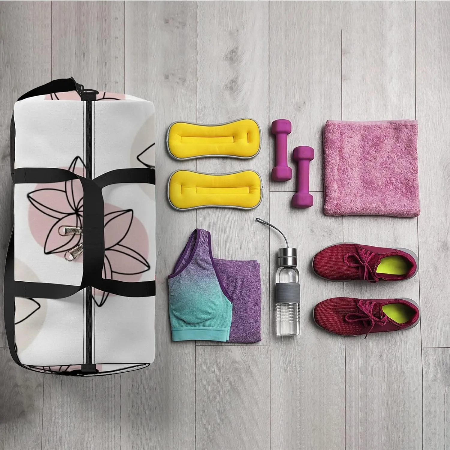 Sports Gym Bag for Women and Men Waterproof Minimal Tropical Flowers Line Art Style Duffel Bag Lightweight Carryon Traveling Boarding Gripsack