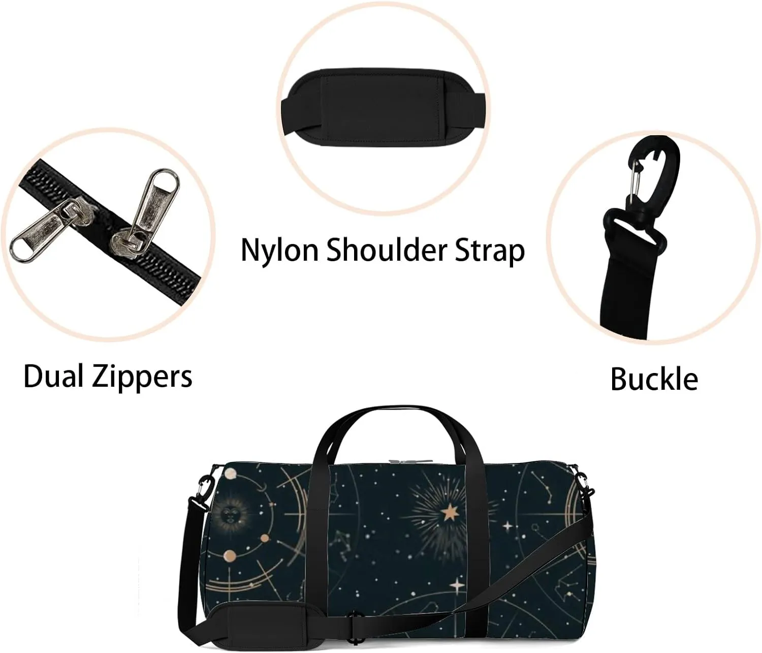 Sports Gym Bag for Women and Men Waterproof Mystical Astrology Elements Black Duffel Bag Lightweight Carryon Traveling Boarding Gripsack