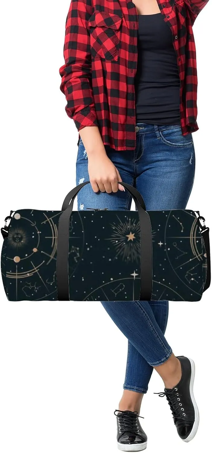 Sports Gym Bag for Women and Men Waterproof Mystical Astrology Elements Black Duffel Bag Lightweight Carryon Traveling Boarding Gripsack