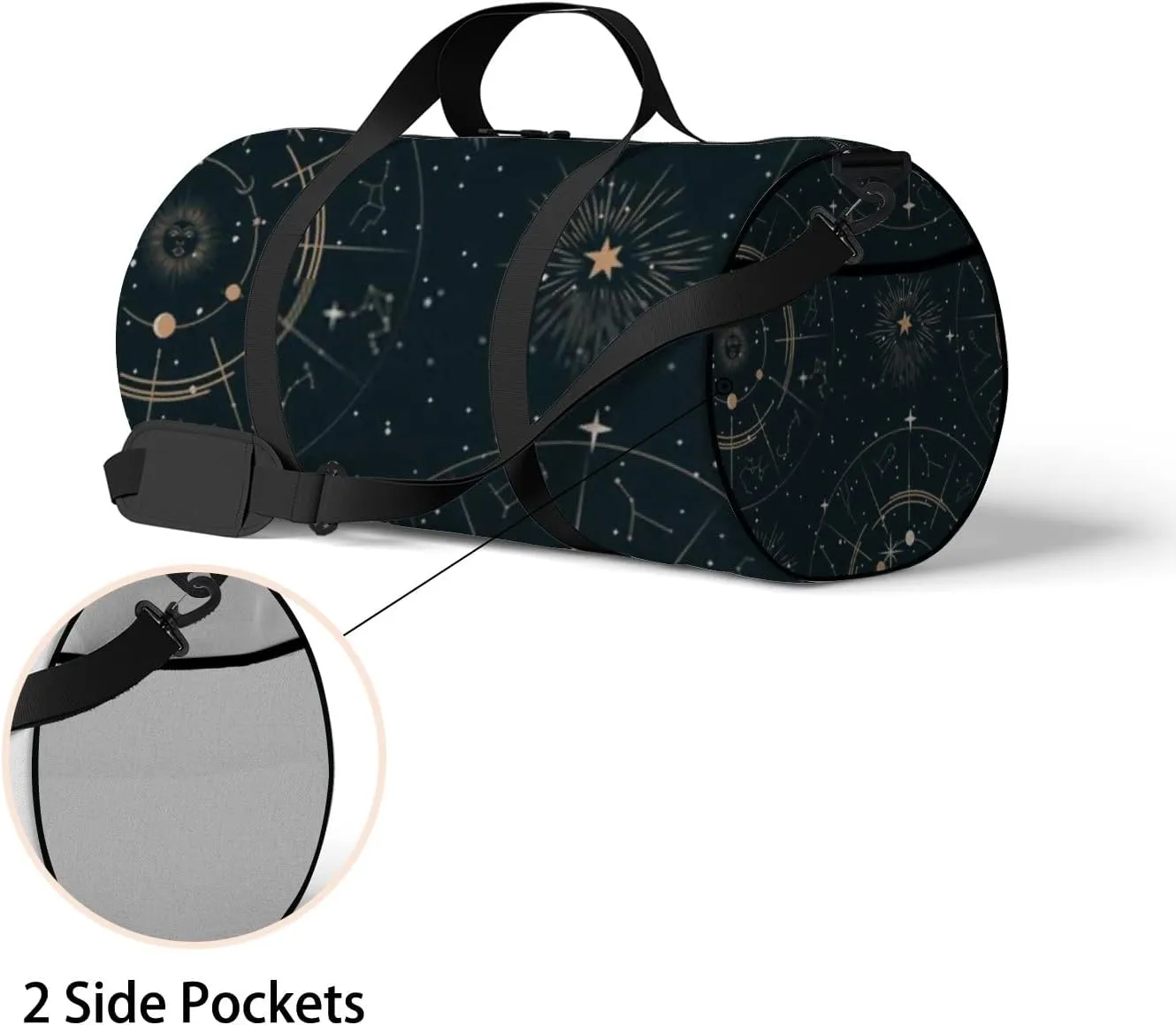 Sports Gym Bag for Women and Men Waterproof Mystical Astrology Elements Black Duffel Bag Lightweight Carryon Traveling Boarding Gripsack
