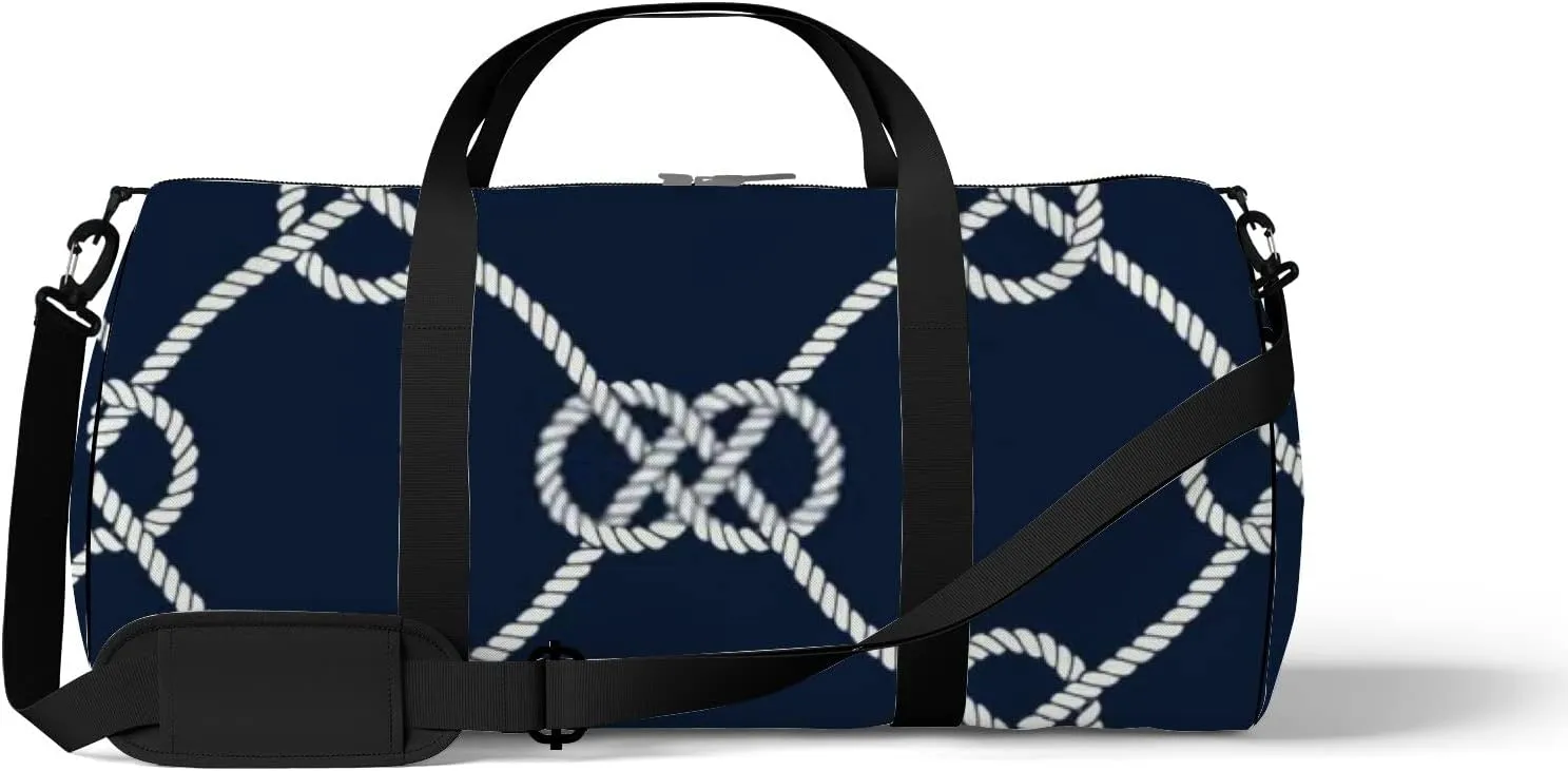 Sports Gym Bag for Women and Men Waterproof Nautical Rope Pattern Navy White Loop Duffel Bag Lightweight Carryon Traveling Boarding Gripsack