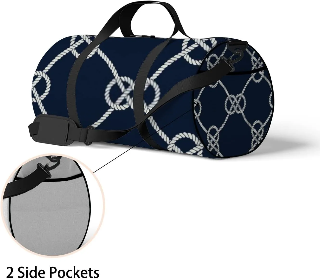 Sports Gym Bag for Women and Men Waterproof Nautical Rope Pattern Navy White Loop Duffel Bag Lightweight Carryon Traveling Boarding Gripsack