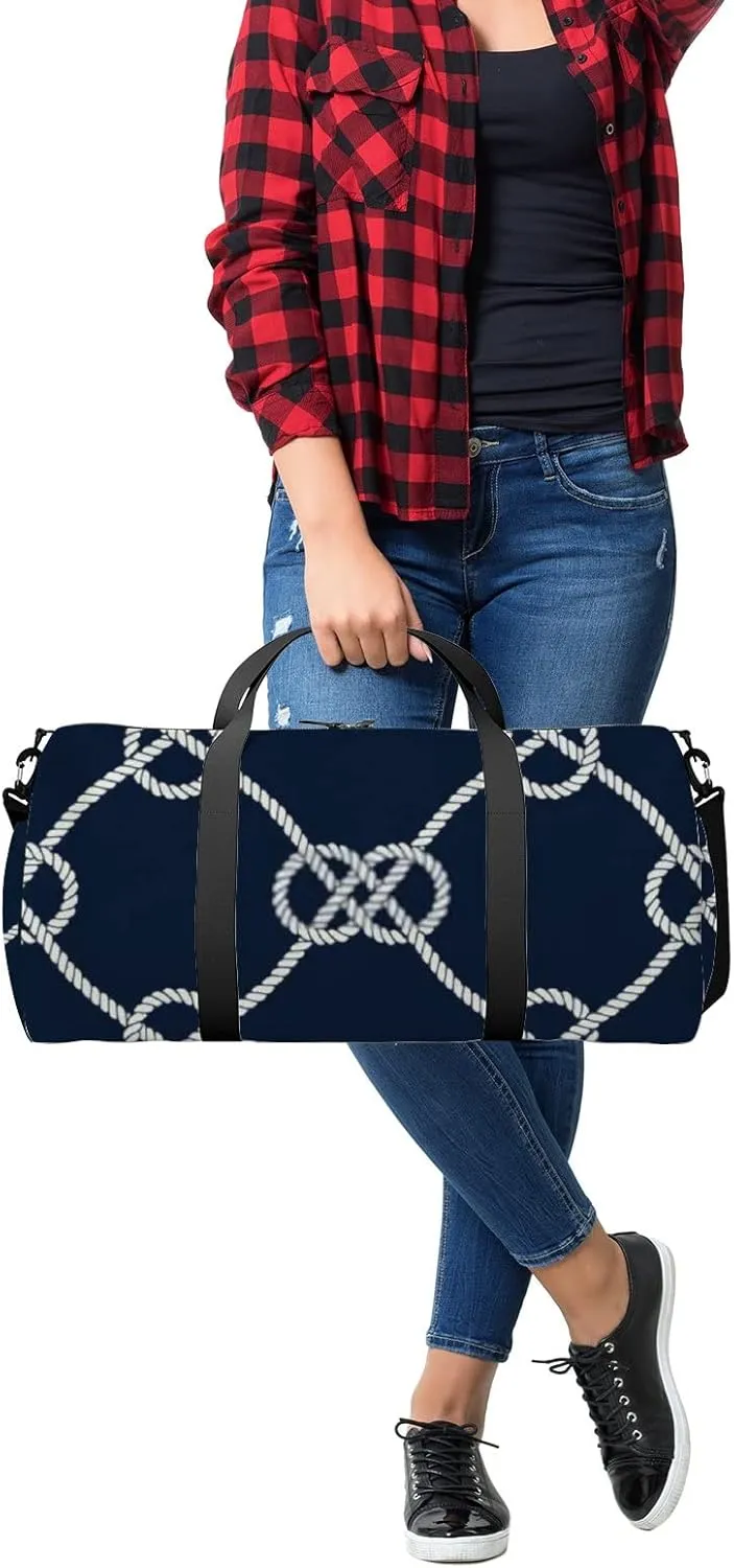 Sports Gym Bag for Women and Men Waterproof Nautical Rope Pattern Navy White Loop Duffel Bag Lightweight Carryon Traveling Boarding Gripsack