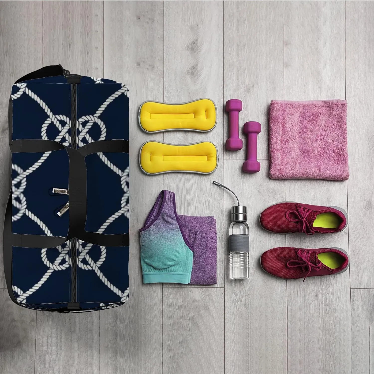 Sports Gym Bag for Women and Men Waterproof Nautical Rope Pattern Navy White Loop Duffel Bag Lightweight Carryon Traveling Boarding Gripsack