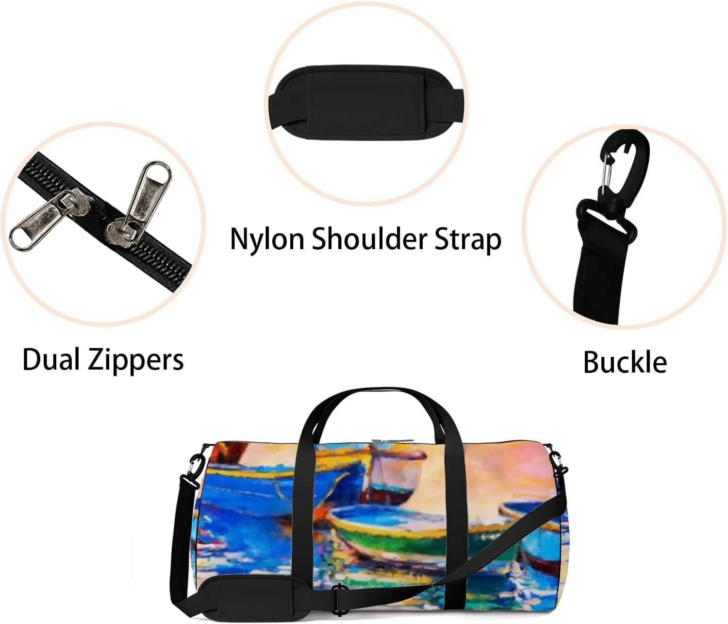 Sports Gym Bag for Women and Men Waterproof Oil Painting Boats Sunset Duffel Bag Lightweight Carryon Traveling Boarding Gripsack