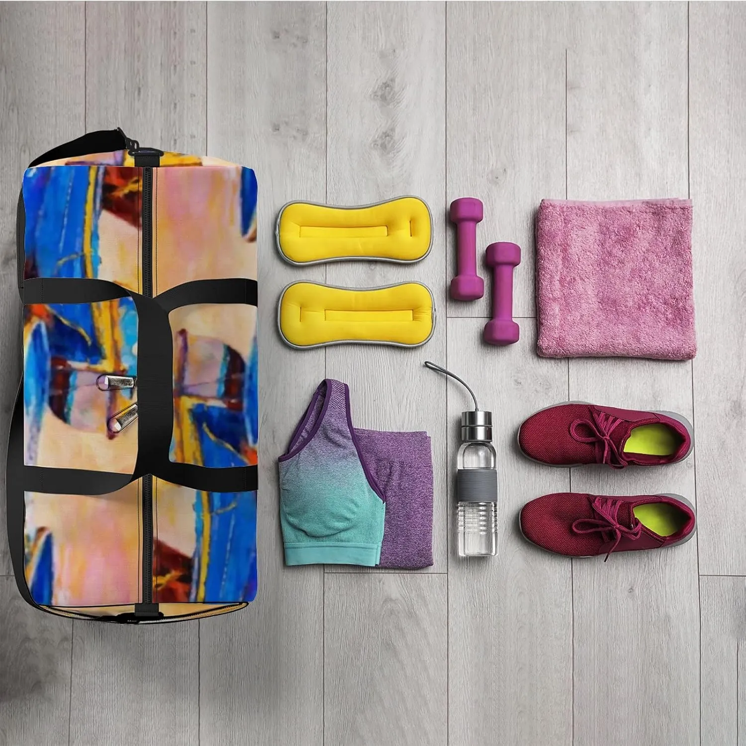 Sports Gym Bag for Women and Men Waterproof Oil Painting Boats Sunset Duffel Bag Lightweight Carryon Traveling Boarding Gripsack
