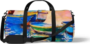 Sports Gym Bag for Women and Men Waterproof Oil Painting Boats Sunset Duffel Bag Lightweight Carryon Traveling Boarding Gripsack