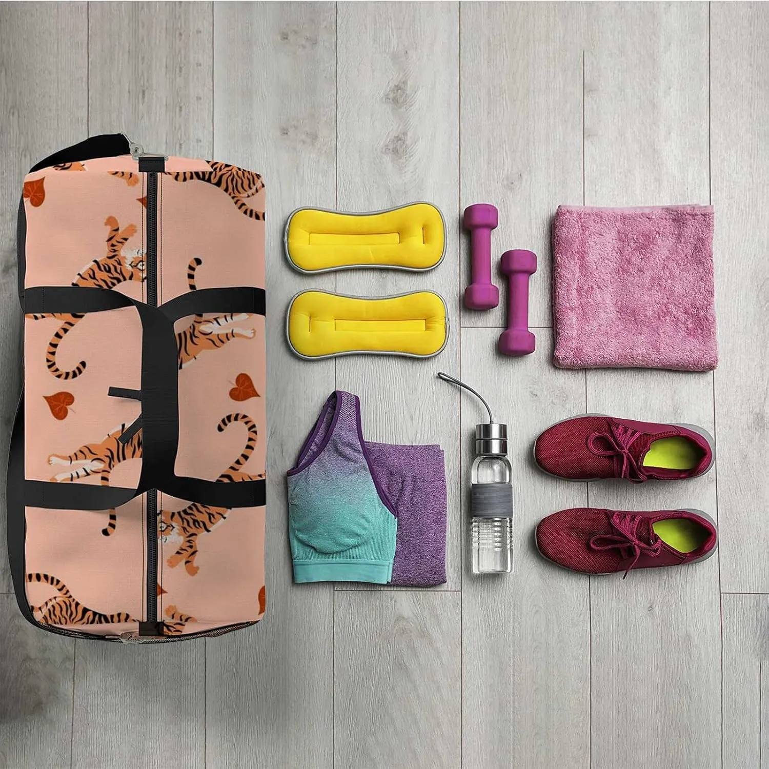 Sports Gym Bag for Women and Men Waterproof Pattern Cartoon Tigers Leaves Duffel Bag Lightweight Carryon Traveling Boarding Gripsack