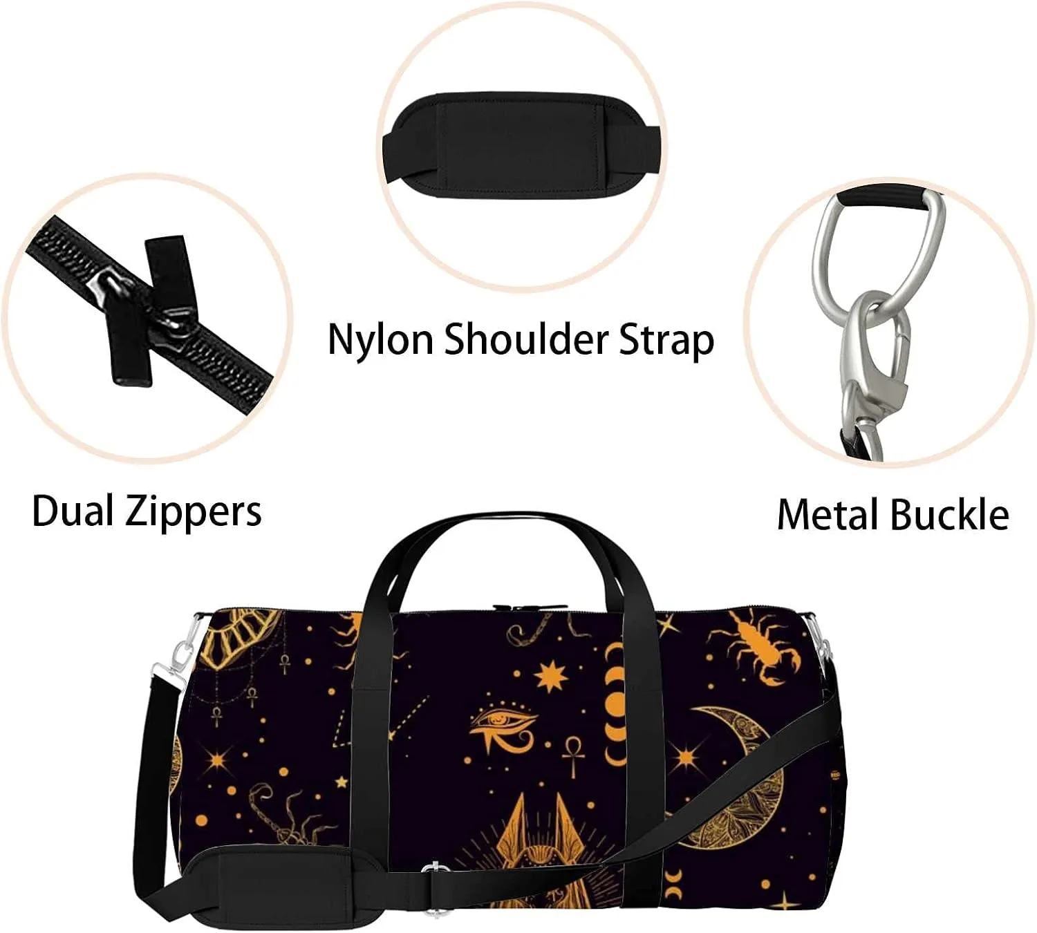 Sports Gym Bag for Women and Men Waterproof Pattern Egyptian Duffel Bag Lightweight Carryon Traveling Boarding Gripsack