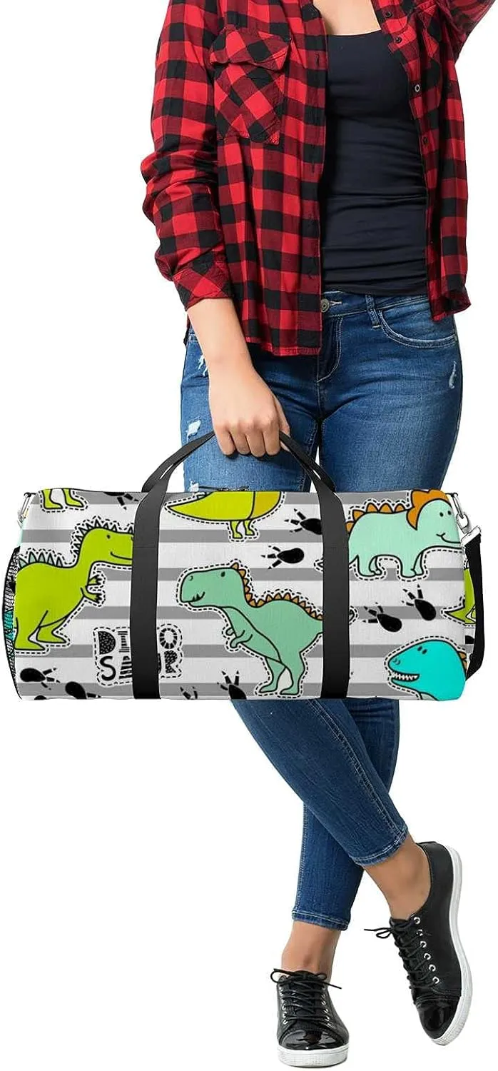 Sports Gym Bag for Women and Men Waterproof Pattern Funny Dinosaurs Stripes Duffel Bag Lightweight Carryon Traveling Boarding Gripsack