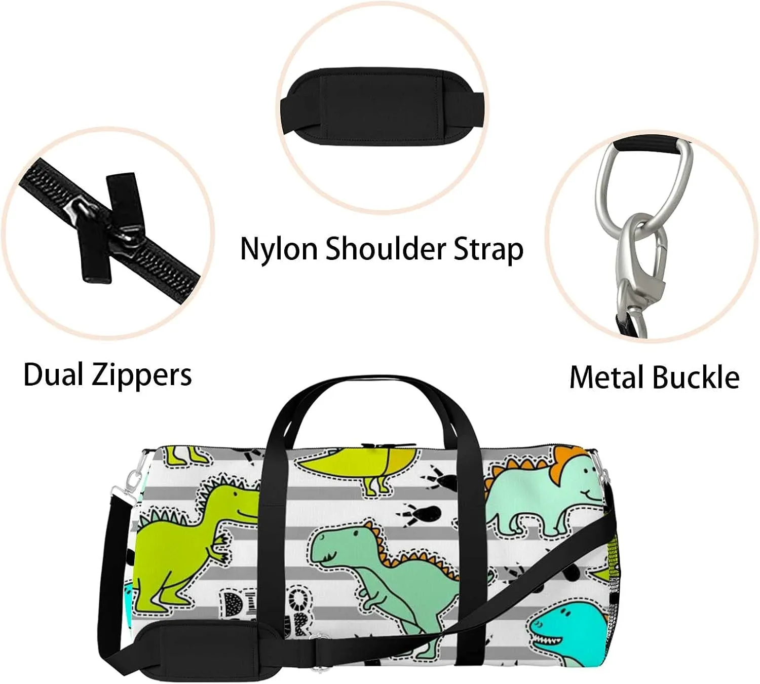Sports Gym Bag for Women and Men Waterproof Pattern Funny Dinosaurs Stripes Duffel Bag Lightweight Carryon Traveling Boarding Gripsack