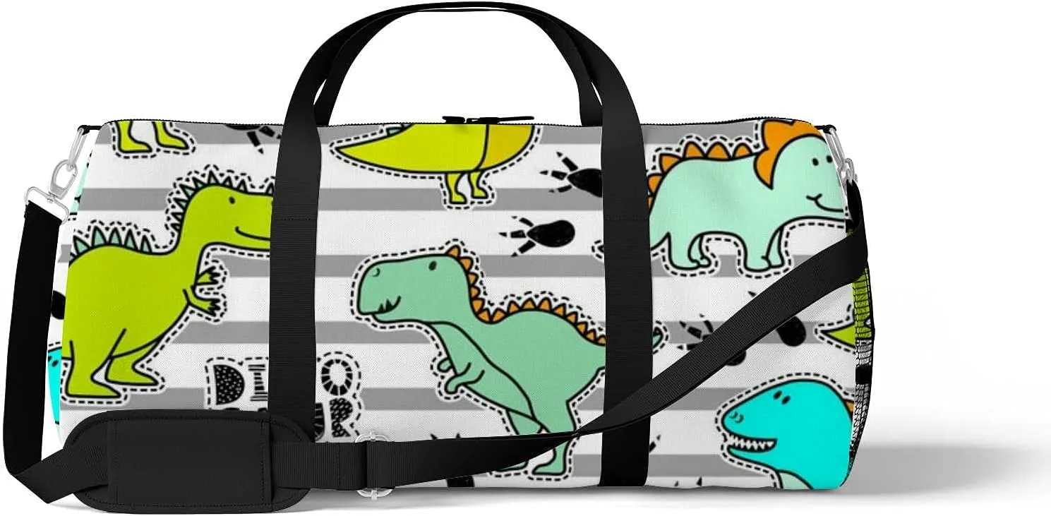 Sports Gym Bag for Women and Men Waterproof Pattern Funny Dinosaurs Stripes Duffel Bag Lightweight Carryon Traveling Boarding Gripsack