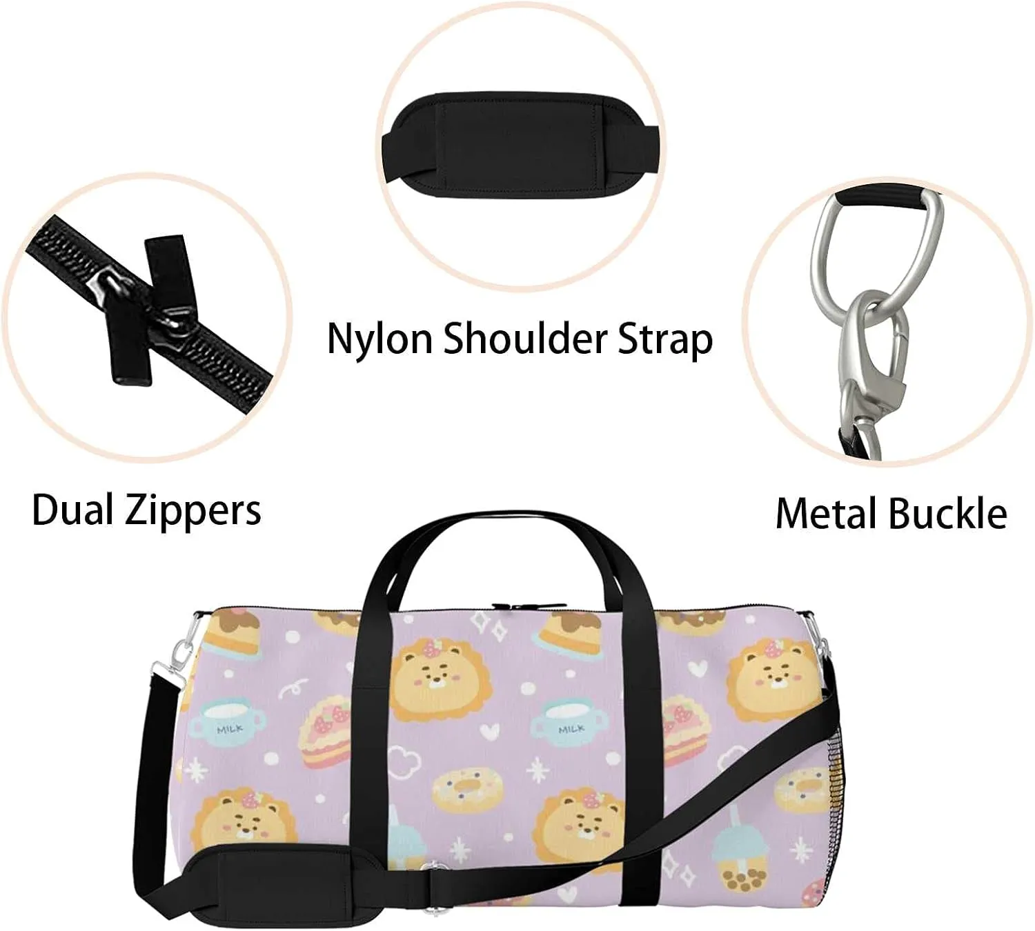 Sports Gym Bag for Women and Men Waterproof Pattern Lion Dessert Cartoon CharacterC Duffel Bag Lightweight Carryon Traveling Boarding Gripsack