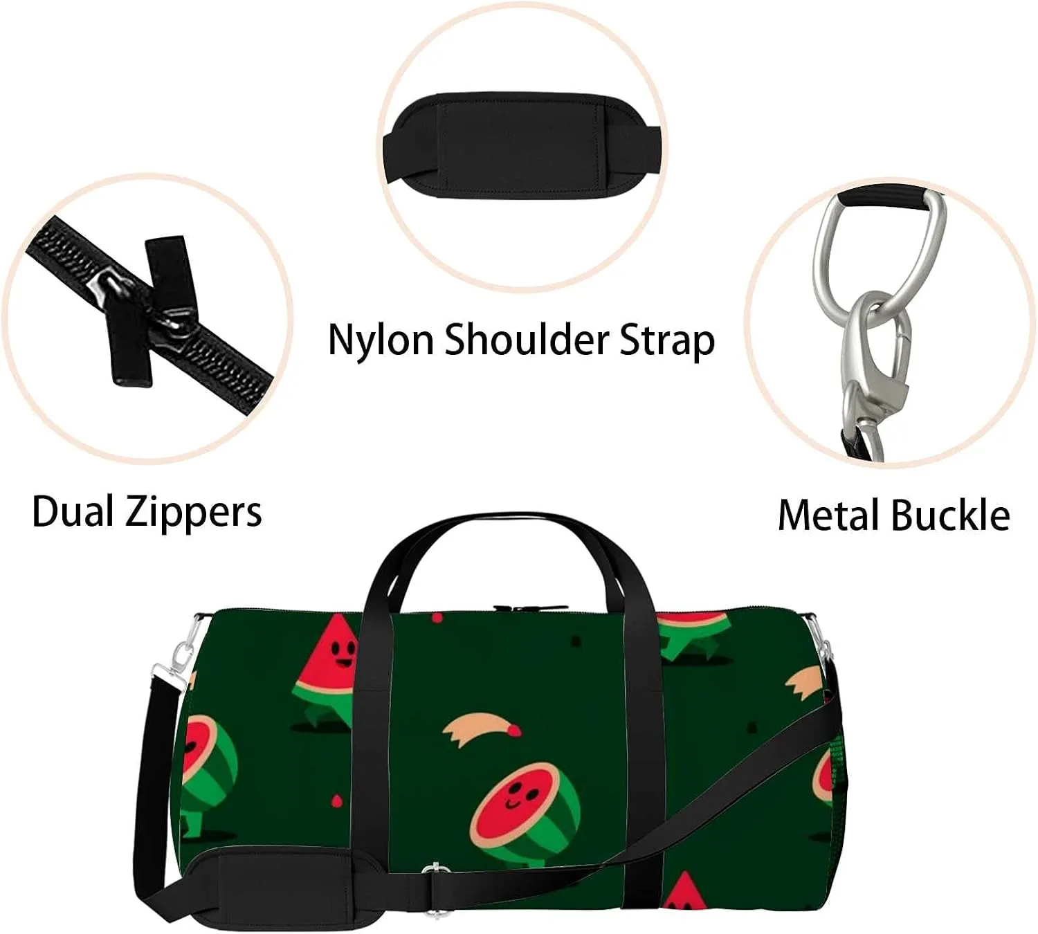 Sports Gym Bag for Women and Men Waterproof Pattern with Cute Watermelon Characters Duffel Bag Lightweight Carryon Traveling Boarding Gripsack