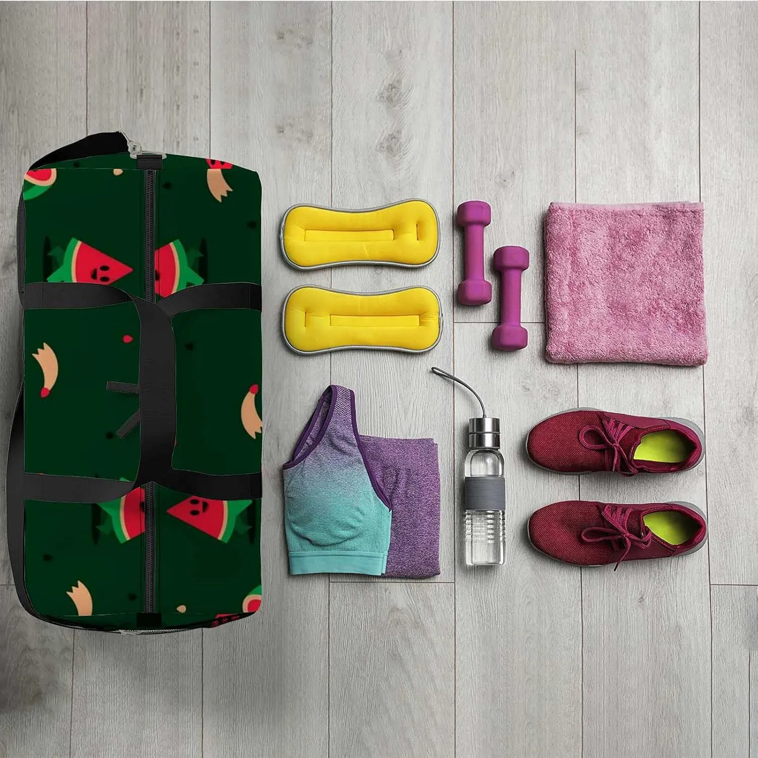 Sports Gym Bag for Women and Men Waterproof Pattern with Cute Watermelon Characters Duffel Bag Lightweight Carryon Traveling Boarding Gripsack