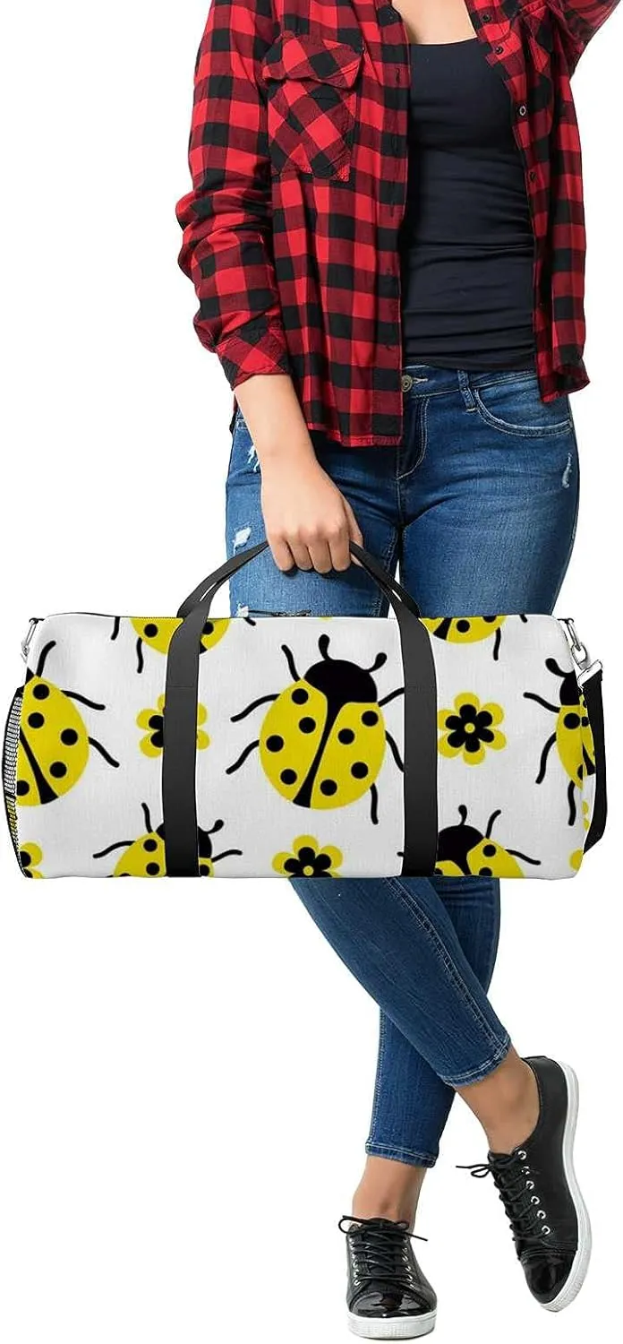 Sports Gym Bag for Women and Men Waterproof Pattern Yellow Ladybug Flowers Duffel Bag Lightweight Carryon Traveling Boarding Gripsack