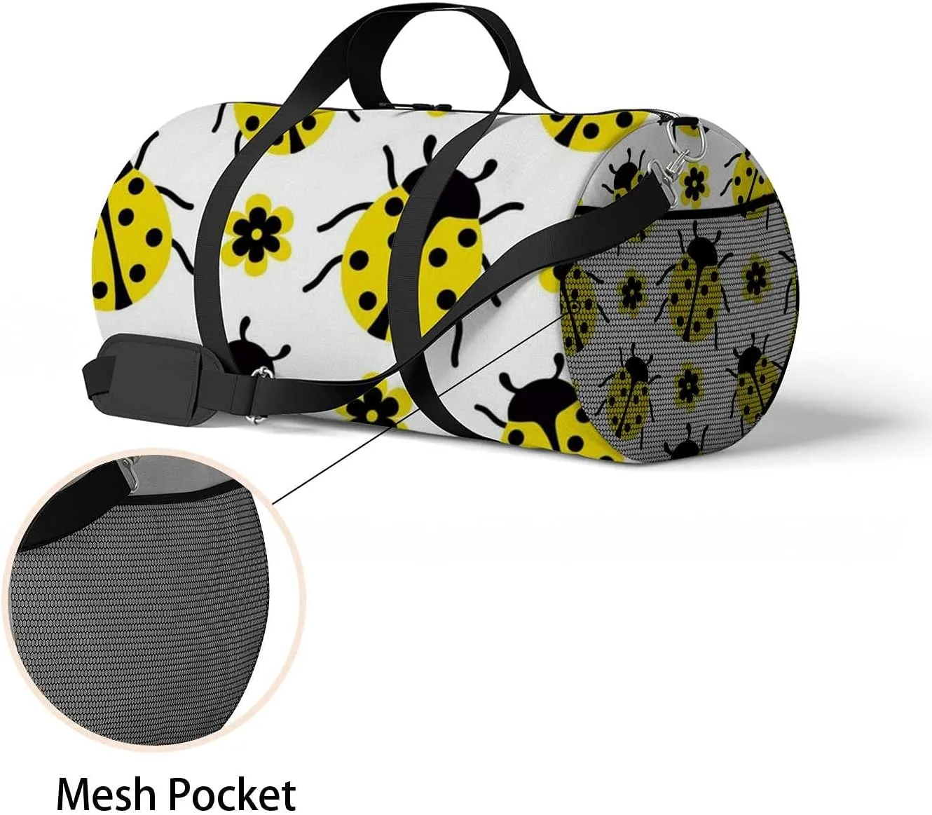 Sports Gym Bag for Women and Men Waterproof Pattern Yellow Ladybug Flowers Duffel Bag Lightweight Carryon Traveling Boarding Gripsack