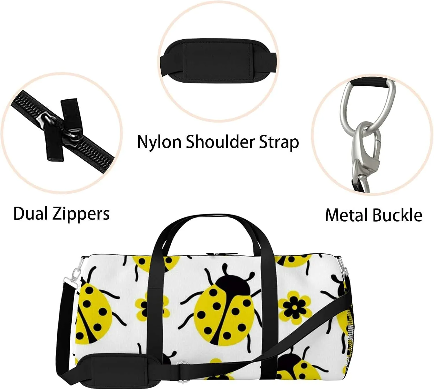 Sports Gym Bag for Women and Men Waterproof Pattern Yellow Ladybug Flowers Duffel Bag Lightweight Carryon Traveling Boarding Gripsack