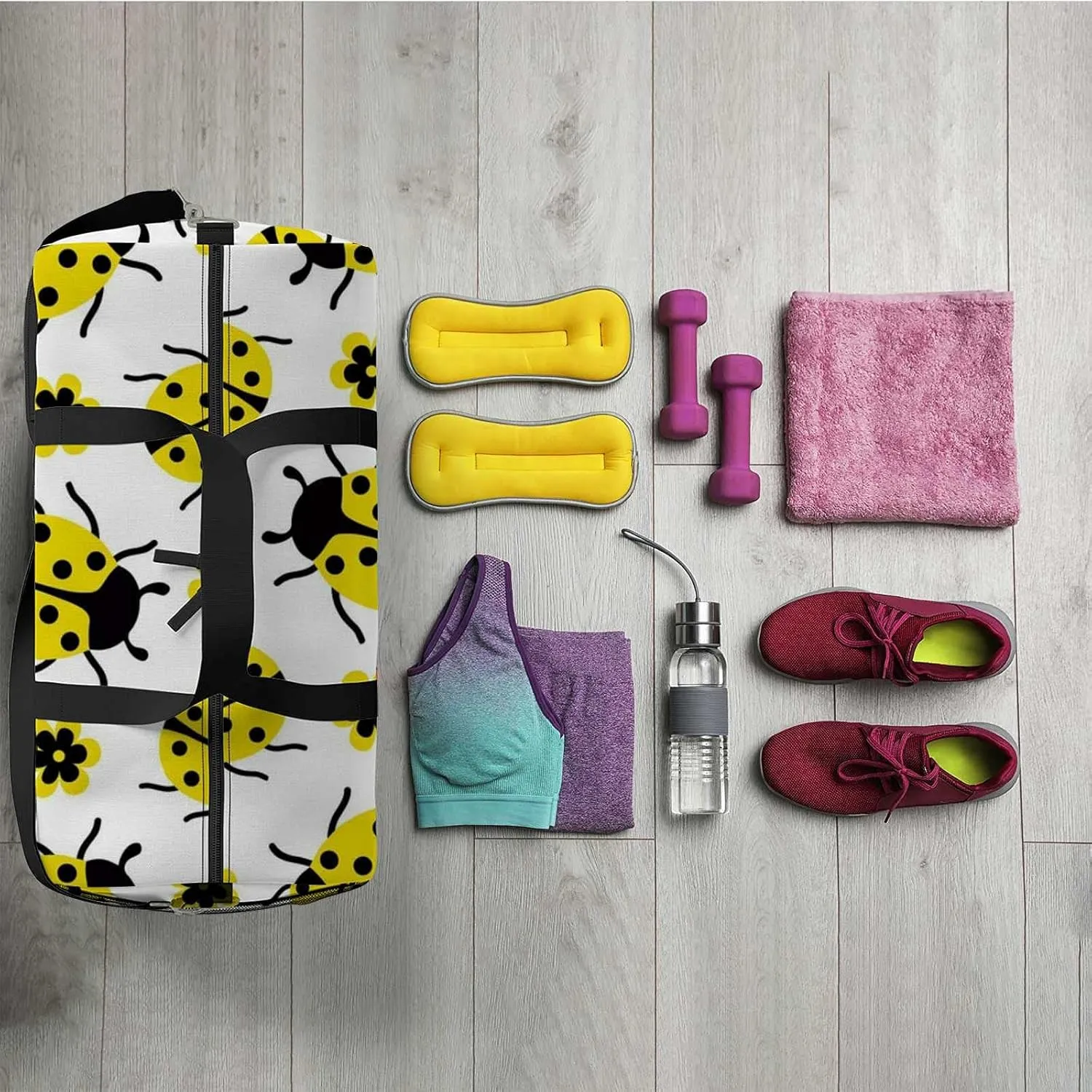 Sports Gym Bag for Women and Men Waterproof Pattern Yellow Ladybug Flowers Duffel Bag Lightweight Carryon Traveling Boarding Gripsack