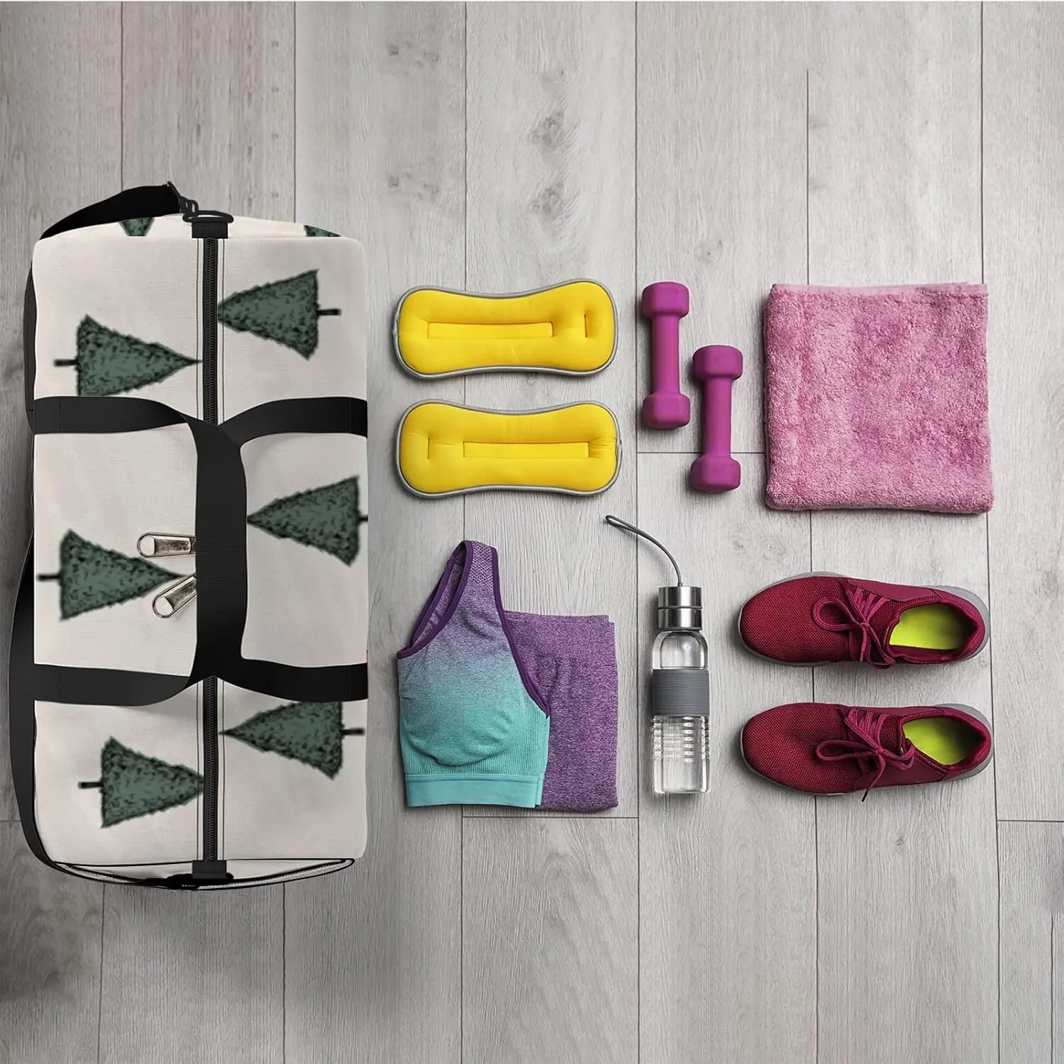 Sports Gym Bag for Women and Men Waterproof Pen Style Sketch Trees Duffel Bag Lightweight Carryon Traveling Boarding Gripsack