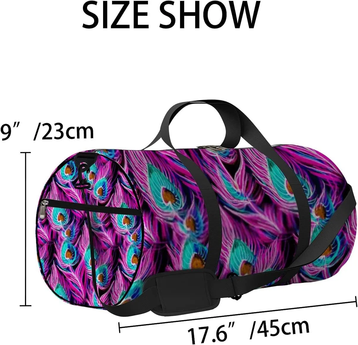 Sports Gym Bag for Women and Men Waterproof Rainbow Peacock Feathers Pattern Pink Duffel Bag Lightweight Carryon Traveling Boarding Gripsack