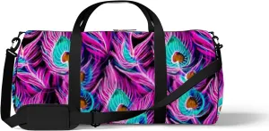 Sports Gym Bag for Women and Men Waterproof Rainbow Peacock Feathers Pattern Pink Duffel Bag Lightweight Carryon Traveling Boarding Gripsack