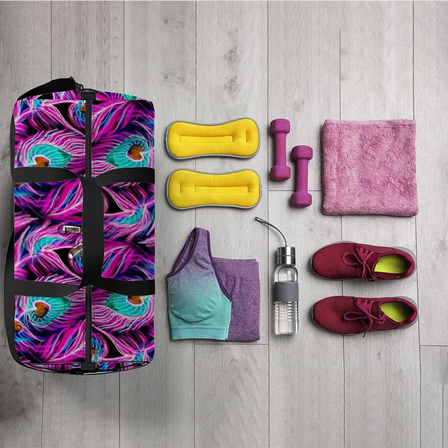 Sports Gym Bag for Women and Men Waterproof Rainbow Peacock Feathers Pattern Pink Duffel Bag Lightweight Carryon Traveling Boarding Gripsack