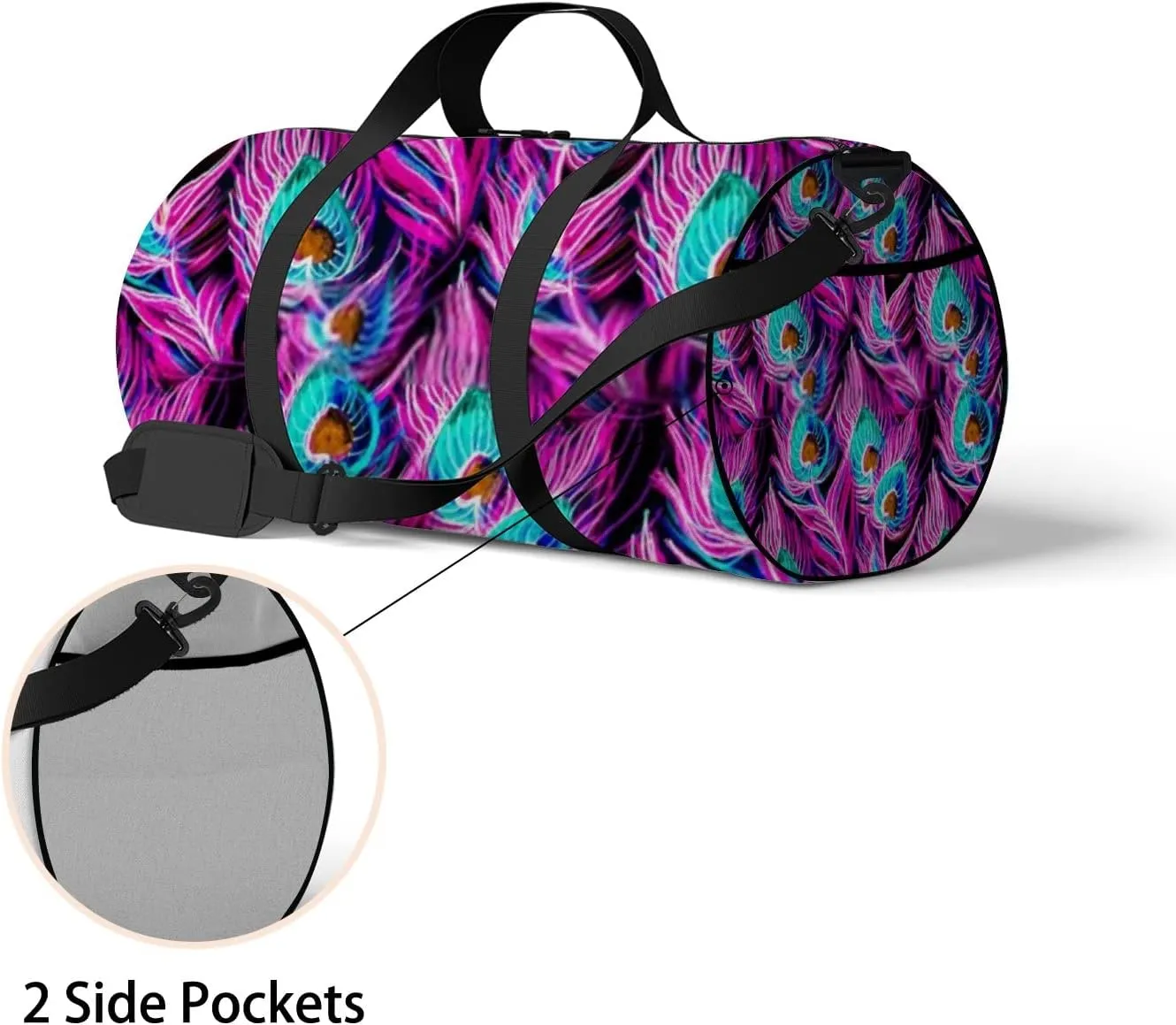 Sports Gym Bag for Women and Men Waterproof Rainbow Peacock Feathers Pattern Pink Duffel Bag Lightweight Carryon Traveling Boarding Gripsack