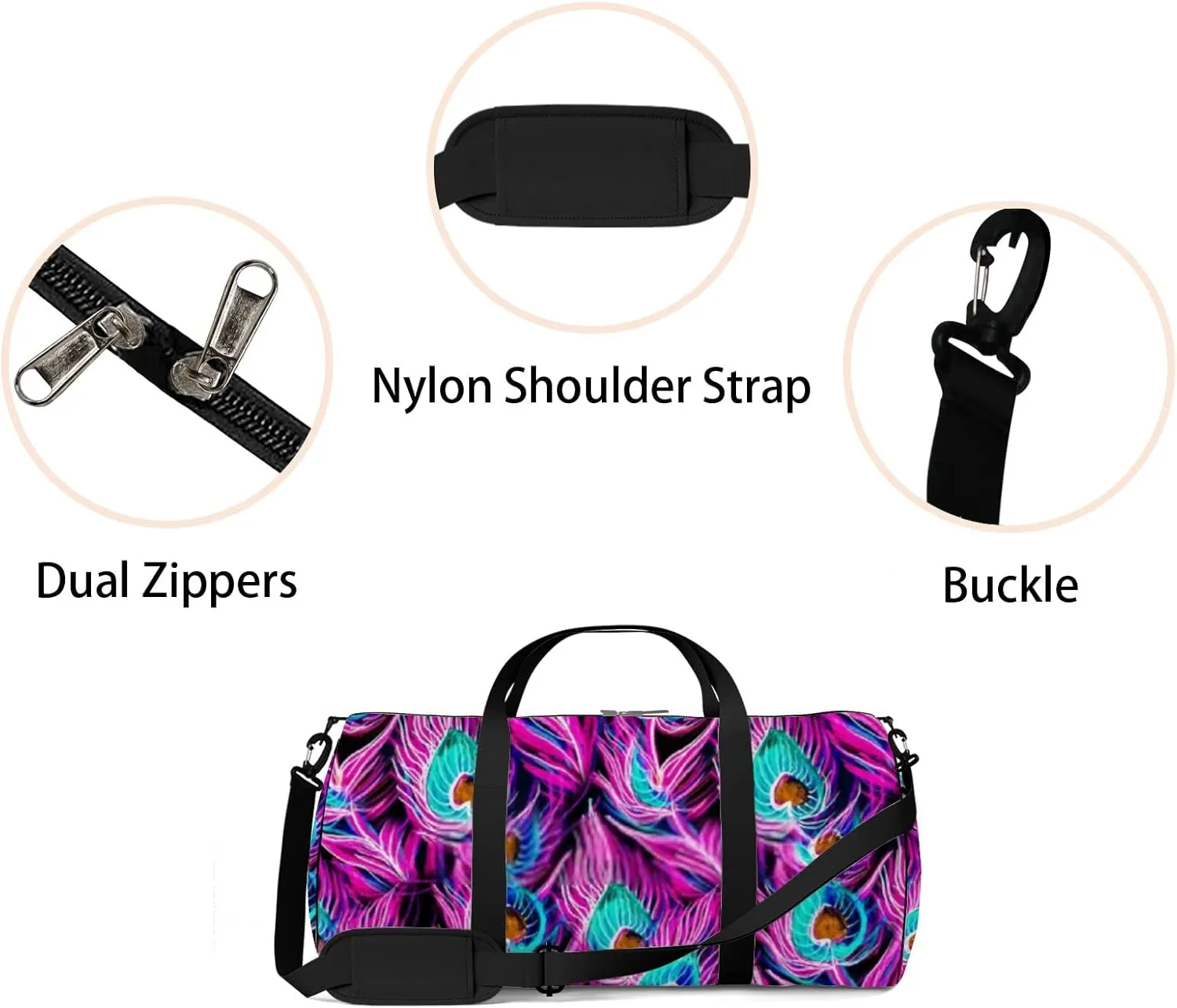 Sports Gym Bag for Women and Men Waterproof Rainbow Peacock Feathers Pattern Pink Duffel Bag Lightweight Carryon Traveling Boarding Gripsack