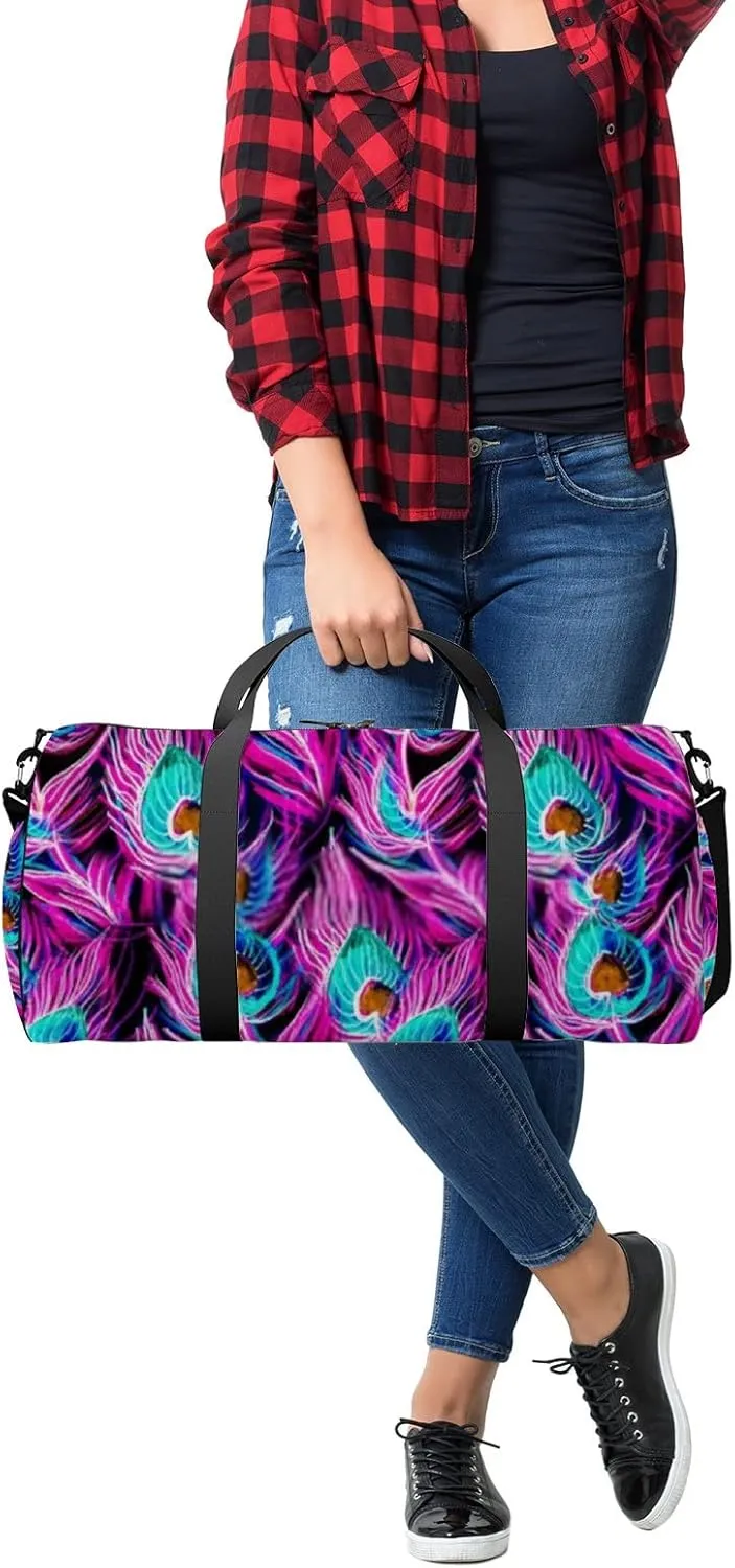 Sports Gym Bag for Women and Men Waterproof Rainbow Peacock Feathers Pattern Pink Duffel Bag Lightweight Carryon Traveling Boarding Gripsack