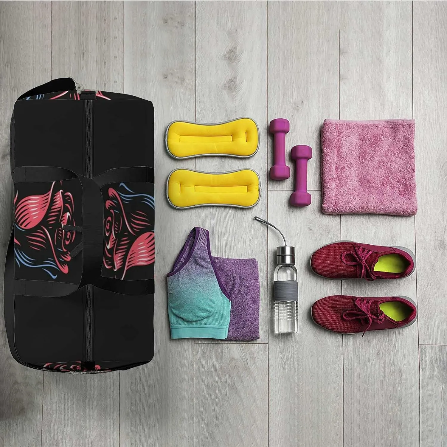 Sports Gym Bag for Women and Men Waterproof Red Rose Illustration Duffel Bag Lightweight Carryon Traveling Boarding Gripsack