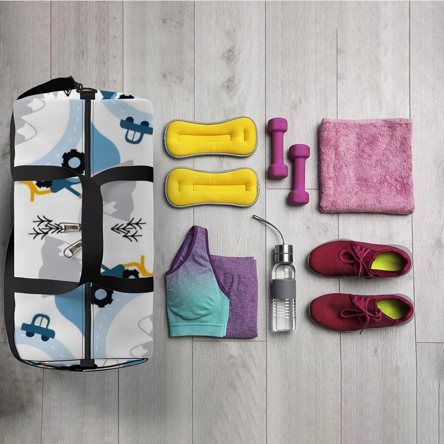 Sports Gym Bag for Women and Men Waterproof Scandinavian Style Cartoon Landscape Duffel Bag Lightweight Carryon Traveling Boarding Gripsack