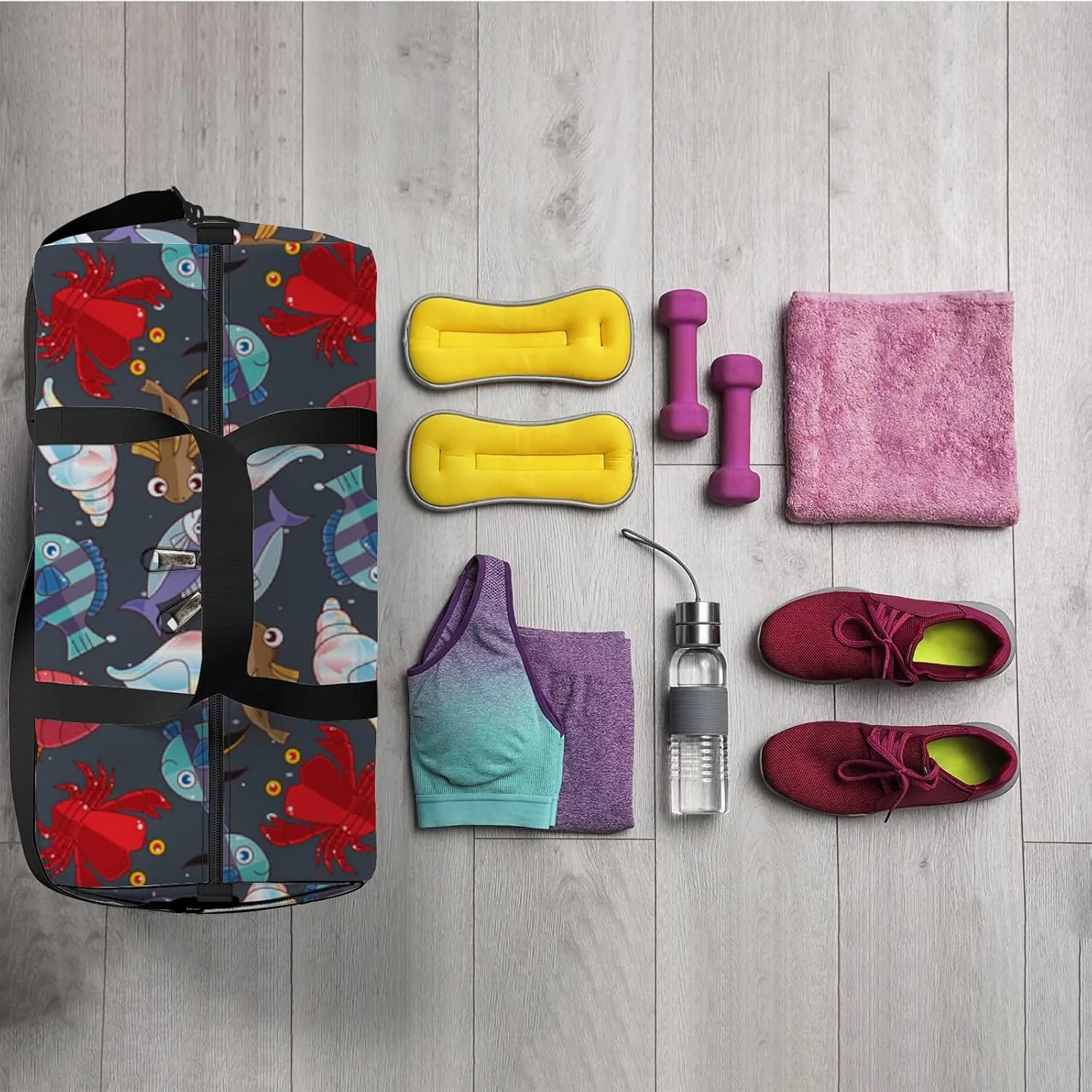 Sports Gym Bag for Women and Men Waterproof Sea Animals Blue Duffel Bag Lightweight Carryon Traveling Boarding Gripsack