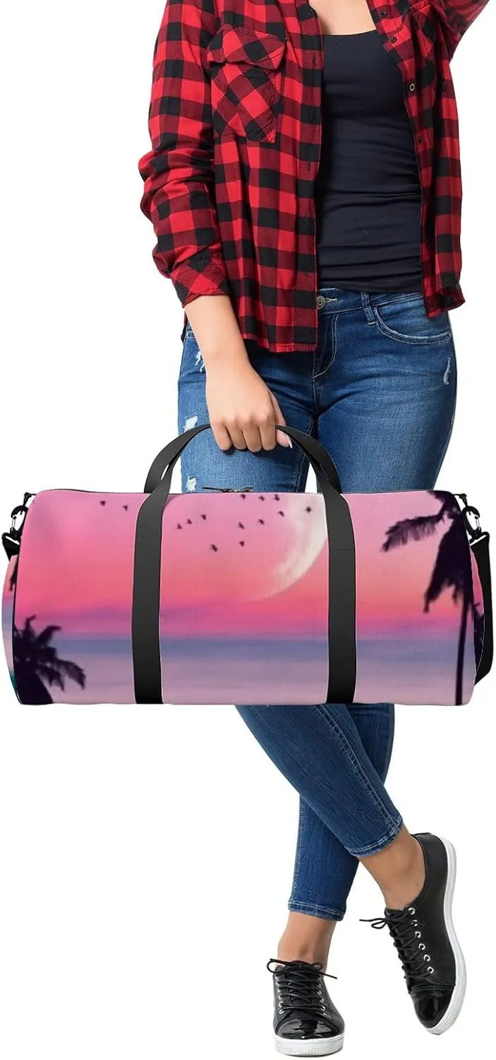 Sports Gym Bag for Women and Men Waterproof Silhouette Palm Tree Tropical Beach Moon Duffel Bag Lightweight Carryon Traveling Boarding Gripsack